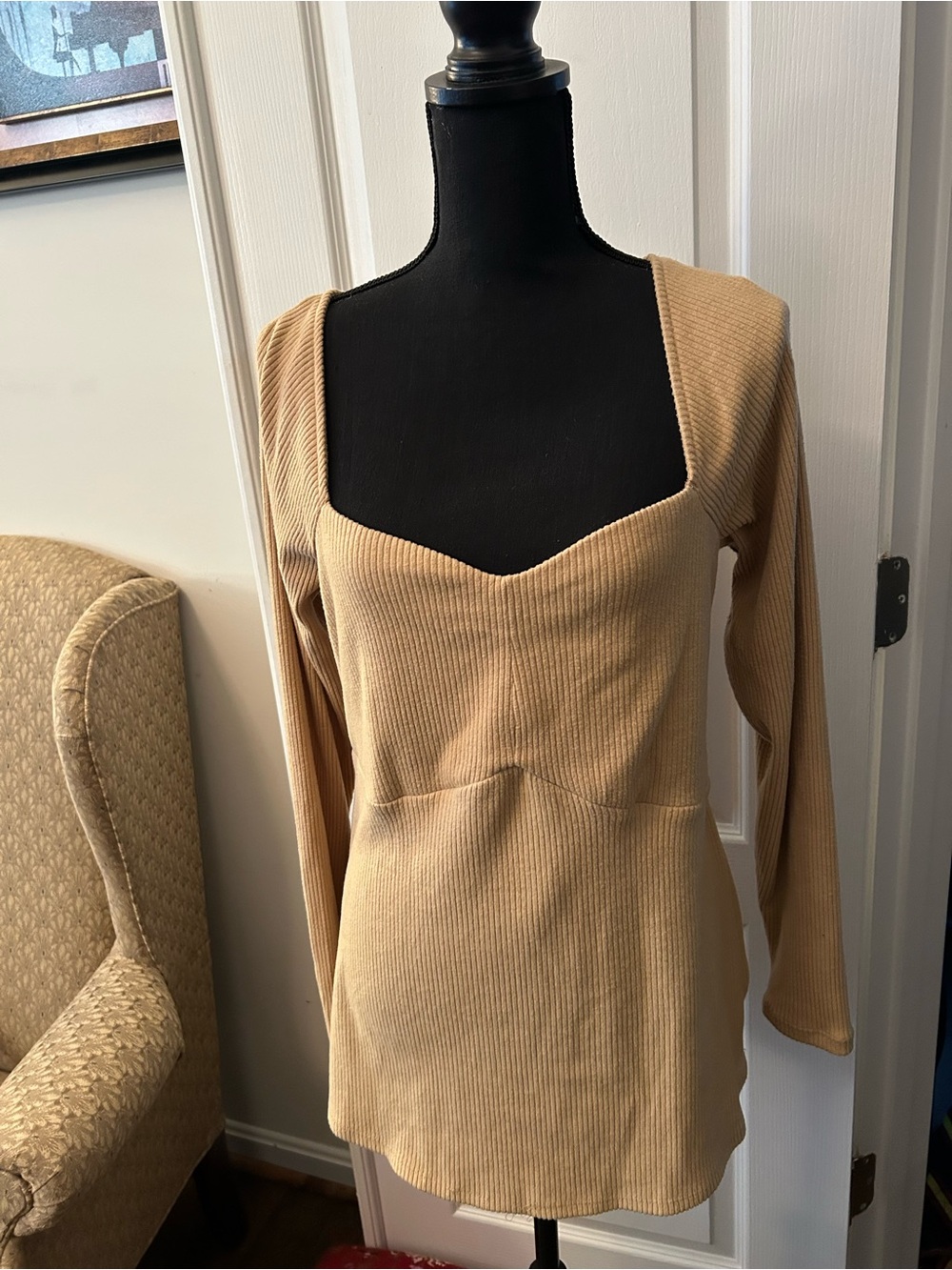 Ingrid & Isabel Beige Ribbed Long-Sleeve Square Neck Dress